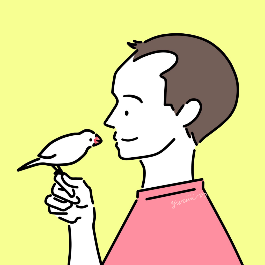 手にとまったペットの小鳥を見つめる男性のイラスト