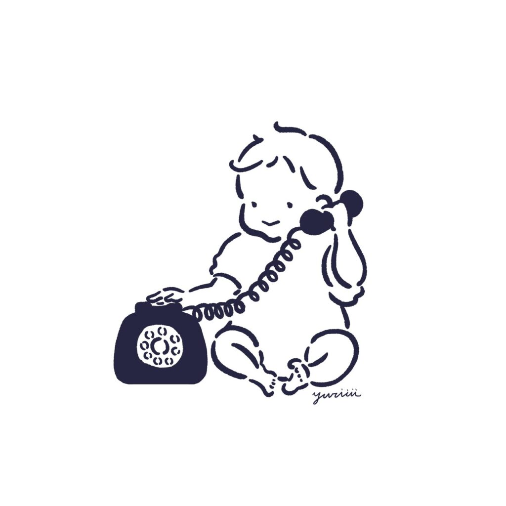 赤ちゃんが黒電話で電話をかけているイラスト