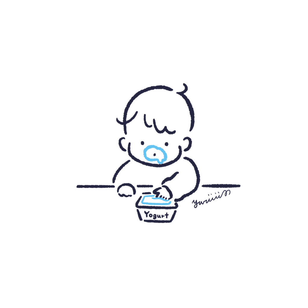 赤ちゃんが手でヨーグルトを食べているイラスト