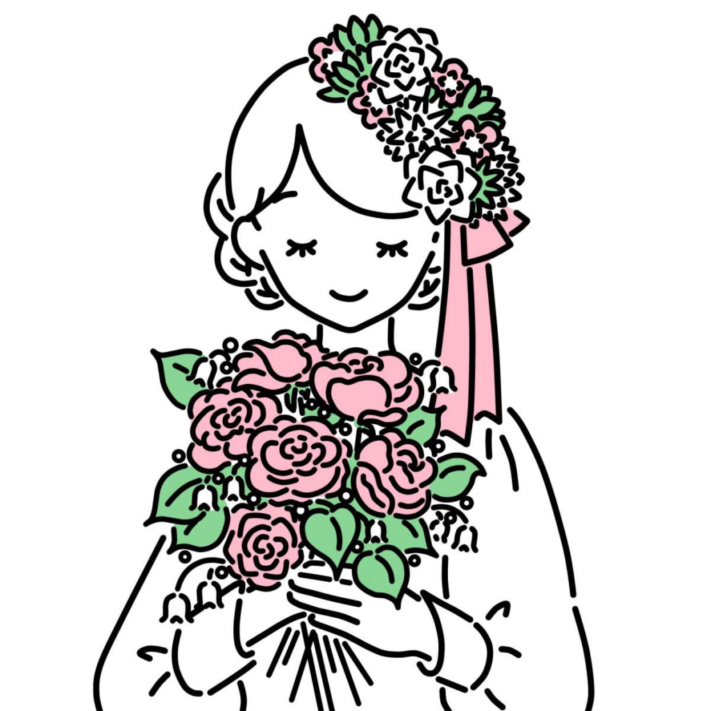 バラの花束を持った女性のイラスト