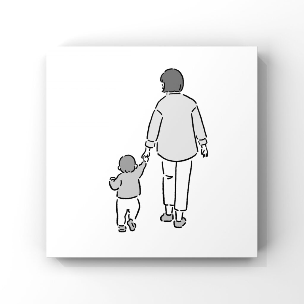 手をつないで歩くママと子どものイラスト