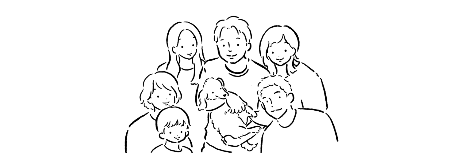 犬と家族の線画イラスト